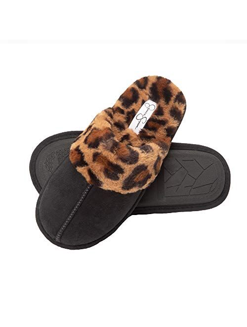 Jessica Simpson Women's Comfy Faux Fur House Slipper Scuff Memory Foam Slip on Anti-Skid Sole