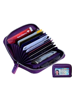 Women's Genuine Leather Credit Card Holder RFID Secure Spacious Cute Zipper Card Wallet Small Purse with ID Window