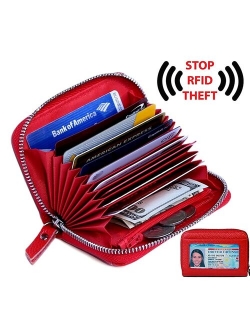 Women's Genuine Leather Credit Card Holder RFID Secure Spacious Cute Zipper Card Wallet Small Purse with ID Window