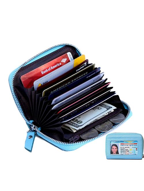 Women's Genuine Leather Credit Card Holder RFID Secure Spacious Cute Zipper Card Wallet Small Purse with ID Window