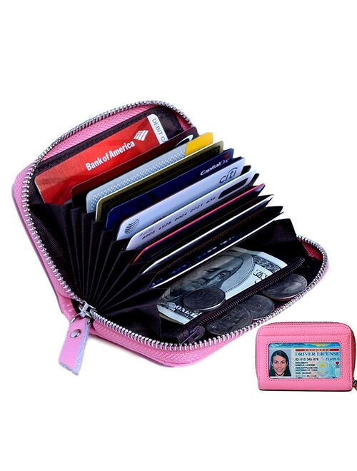 Women's Genuine Leather Credit Card Holder RFID Secure Spacious Cute Zipper Card Wallet Small Purse with ID Window