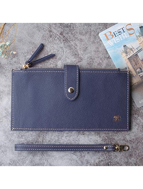 Women's RFID Blocking Leather Zip Wallet Wristlet Credit Card Holder Purse with Wrist Strap