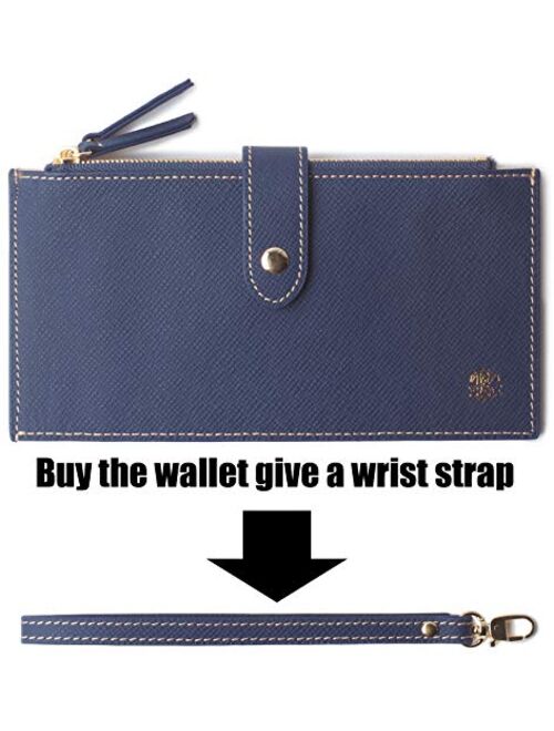 Women's RFID Blocking Leather Zip Wallet Wristlet Credit Card Holder Purse with Wrist Strap