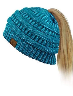 C.C BeanieTail Soft Stretch Cable Knit Messy High Bun Ponytail Beanie Hat