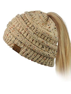 C.C BeanieTail Soft Stretch Cable Knit Messy High Bun Ponytail Beanie Hat