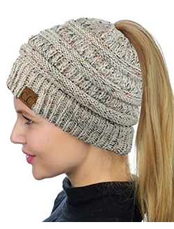 C.C BeanieTail Soft Stretch Cable Knit Messy High Bun Ponytail Beanie Hat