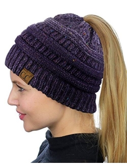 C.C BeanieTail Soft Stretch Cable Knit Messy High Bun Ponytail Beanie Hat