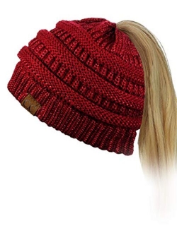 C.C BeanieTail Soft Stretch Cable Knit Messy High Bun Ponytail Beanie Hat