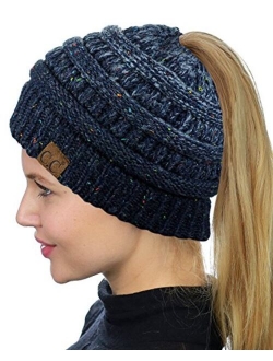 C.C BeanieTail Soft Stretch Cable Knit Messy High Bun Ponytail Beanie Hat