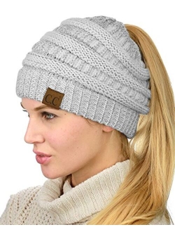 C.C BeanieTail Soft Stretch Cable Knit Messy High Bun Ponytail Beanie Hat