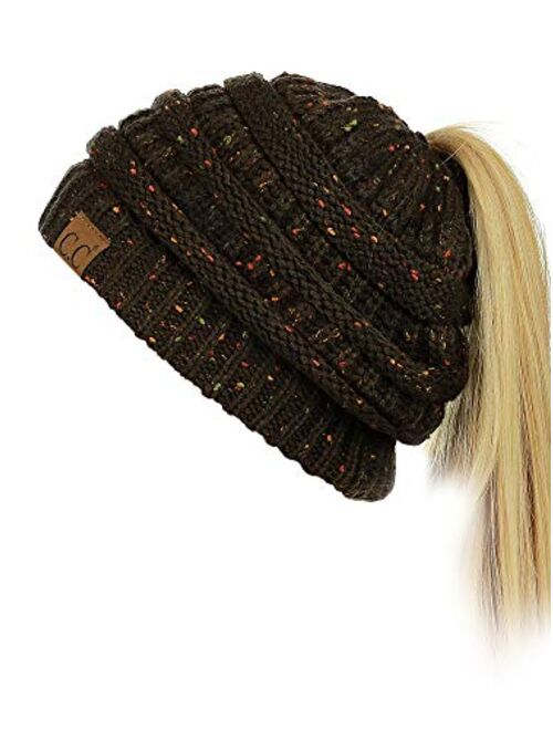 C.C BeanieTail Soft Stretch Cable Knit Messy High Bun Ponytail Beanie Hat