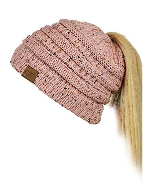 C.C BeanieTail Soft Stretch Cable Knit Messy High Bun Ponytail Beanie Hat