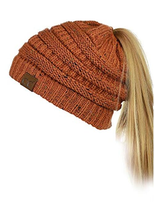 C.C BeanieTail Soft Stretch Cable Knit Messy High Bun Ponytail Beanie Hat