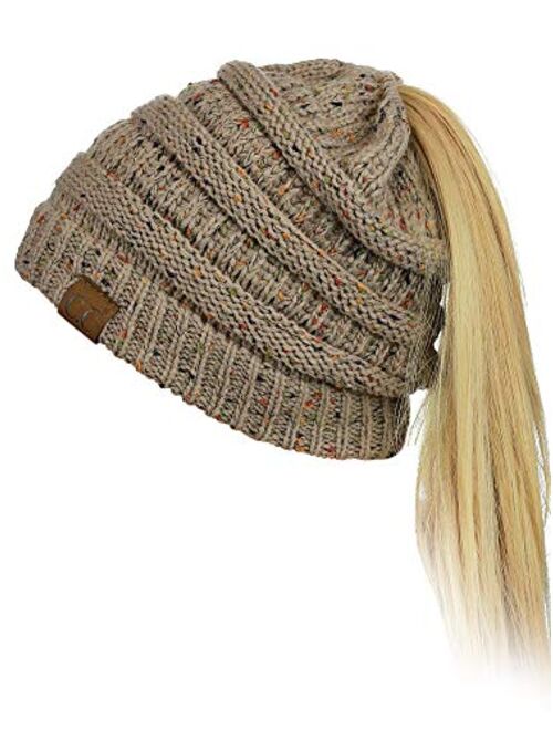 C.C BeanieTail Soft Stretch Cable Knit Messy High Bun Ponytail Beanie Hat