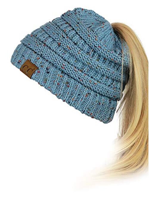 C.C BeanieTail Soft Stretch Cable Knit Messy High Bun Ponytail Beanie Hat