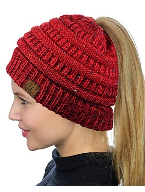 C.C BeanieTail Soft Stretch Cable Knit Messy High Bun Ponytail Beanie Hat