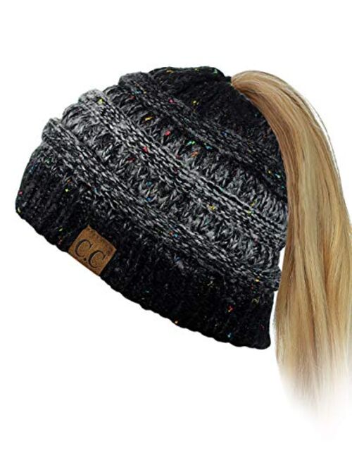 C.C BeanieTail Soft Stretch Cable Knit Messy High Bun Ponytail Beanie Hat