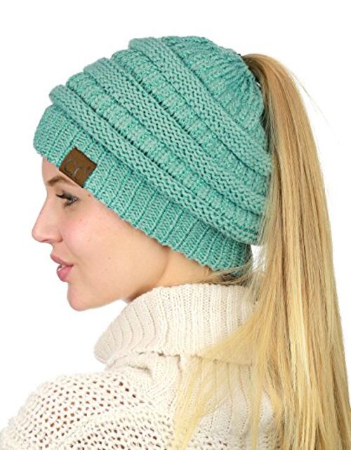 C.C BeanieTail Soft Stretch Cable Knit Messy High Bun Ponytail Beanie Hat