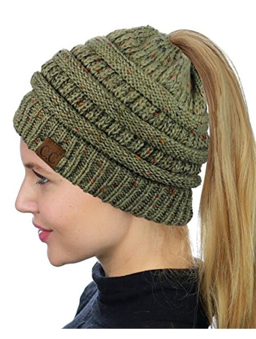 C.C BeanieTail Soft Stretch Cable Knit Messy High Bun Ponytail Beanie Hat