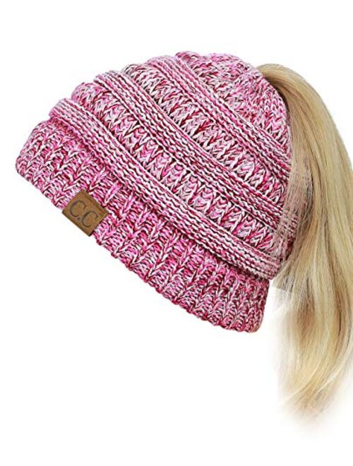 C.C BeanieTail Soft Stretch Cable Knit Messy High Bun Ponytail Beanie Hat