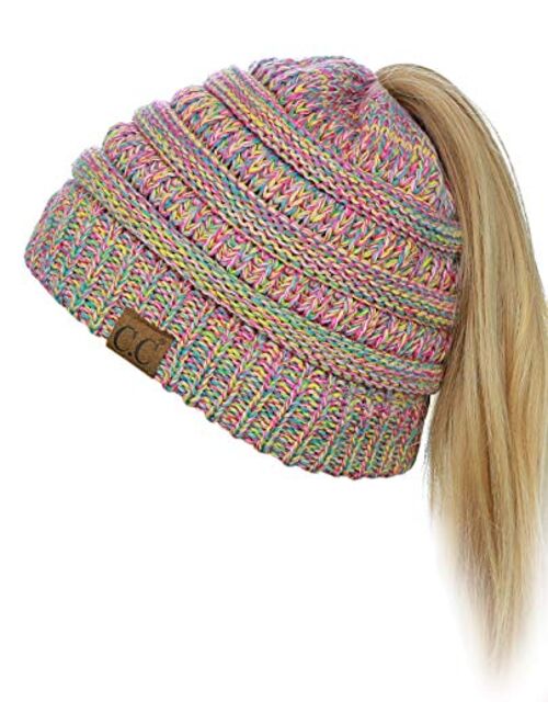 C.C BeanieTail Soft Stretch Cable Knit Messy High Bun Ponytail Beanie Hat