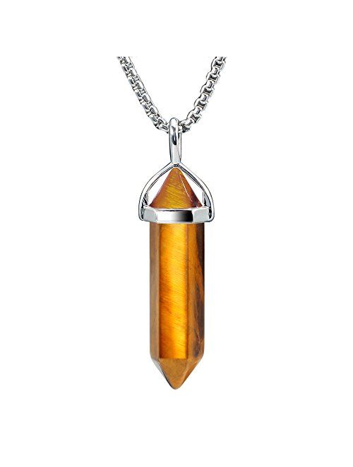 BEADNOVA Gemstone Crystal Necklace for Women Healing Stone Pendant Jewelry for Men Pendulum Divination Energy Healing Hexagonal Pendent (18 Inches Stainless Steel Chain)