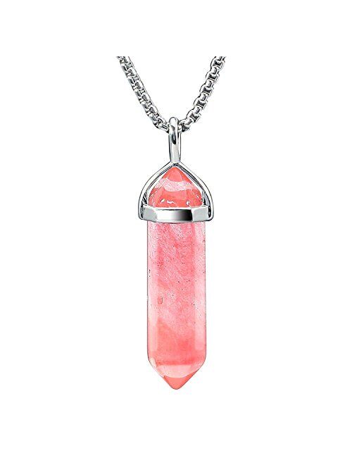 BEADNOVA Gemstone Crystal Necklace for Women Healing Stone Pendant Jewelry for Men Pendulum Divination Energy Healing Hexagonal Pendent (18 Inches Stainless Steel Chain)