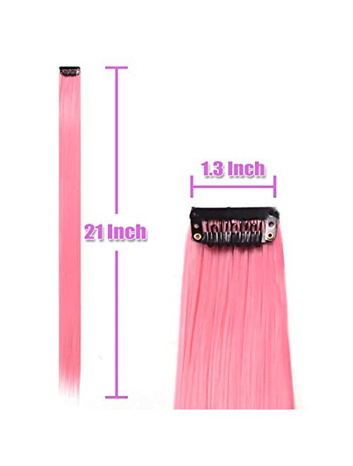 Colored Clip in Hair Extensions 21 Inch Heat-Resistant Synthetic Straight Hair Extensions for Women Girls Kids Gift