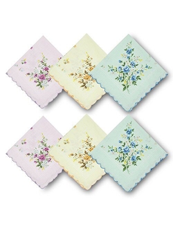 GB Women's 100% Cotton Handkerchiefs Assorted with Wavy Edge and Print Floral