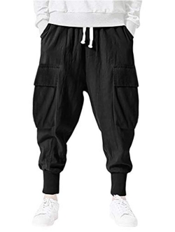 Pengfei Mens Drawstring Elastic Pockets Tapered Baggy Joggers