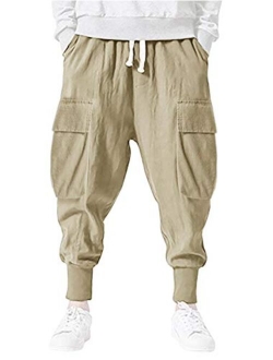 Pengfei Mens Drawstring Elastic Pockets Tapered Baggy Joggers