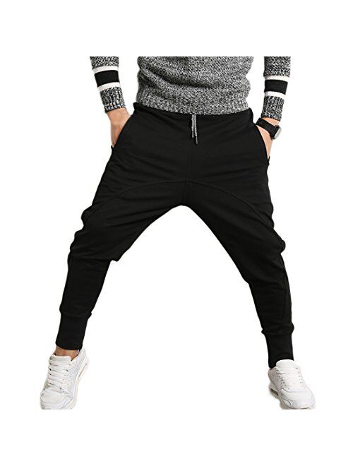 INVACHI Slim Fit Mens Cotton Jogging Pants Low Crotch Drawstring Baggy Sweatpants Hip Hop Trousers