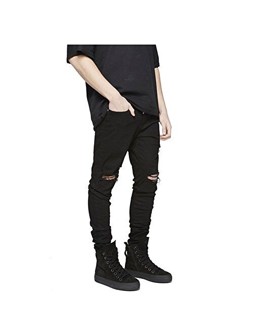 LONGBIDA Men's Ripped Slim Fit Skinny Destroyed Distressed Tapered Leg Jeans