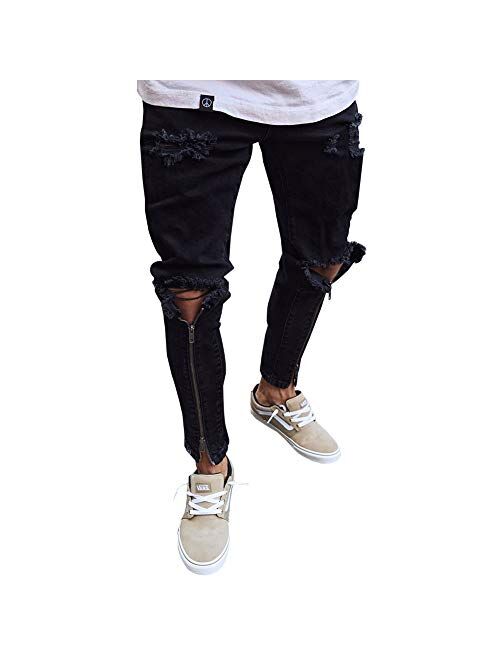 LONGBIDA Men's Slim Ripped Skinny Jeans Black Denim Pants with Zipper