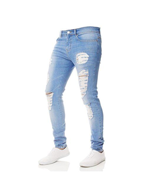 IZHH Men Slim Biker Zipper Jeans Skinny Frayed Pants Distressed Rip Trousers