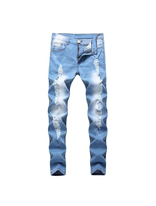 IZHH Men Slim Biker Zipper Jeans Skinny Frayed Pants Distressed Rip Trousers