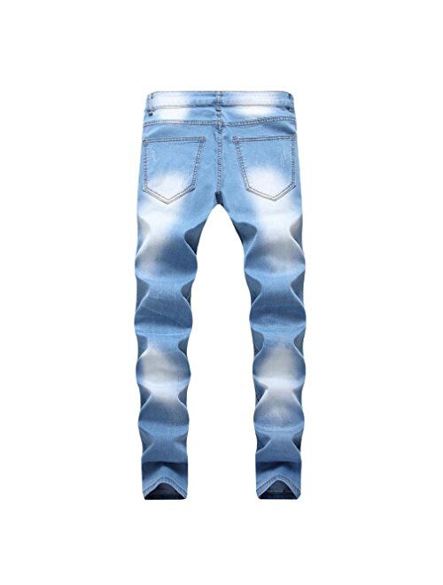 IZHH Men Slim Biker Zipper Jeans Skinny Frayed Pants Distressed Rip Trousers