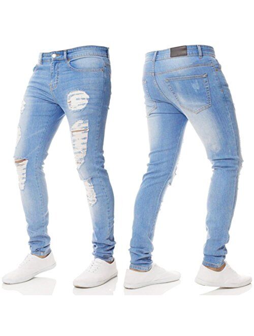 IZHH Men Slim Biker Zipper Jeans Skinny Frayed Pants Distressed Rip Trousers