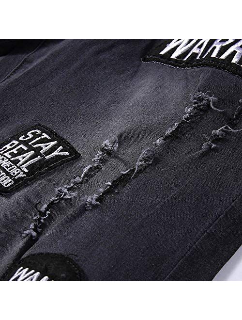 NREALY Pants Mens Stretch Denim Pant Distressed Ripped Freyed Slim Fit Pocket Jeans Trousers