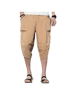 INVACHI Mens Casual Elastic Waist Linen Capri Wide Leg Baggy Harem Pants Trousers