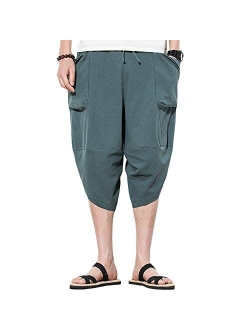 INVACHI Mens Casual Elastic Waist Linen Capri Wide Leg Baggy Harem Pants Trousers