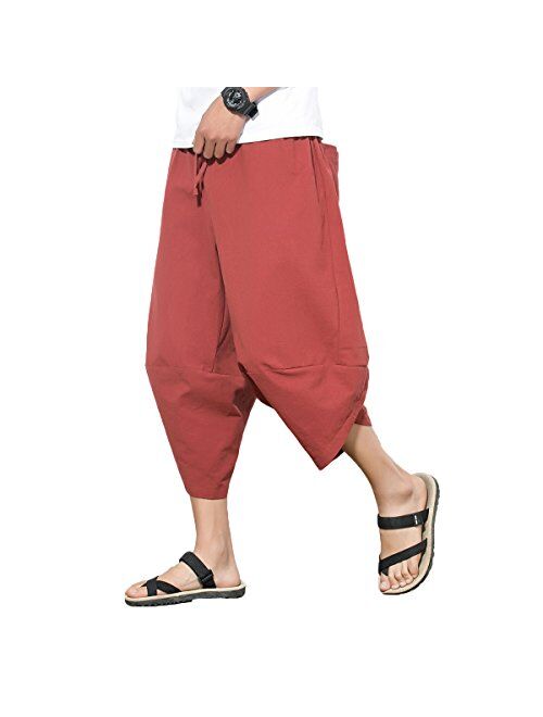 INVACHI Mens Casual Elastic Waist Linen Capri Wide Leg Baggy Harem Pants Trousers