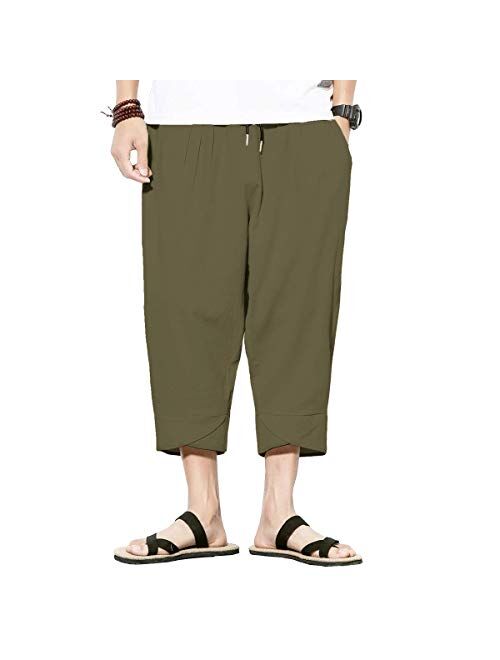 INVACHI Mens Casual Elastic Waist Linen Capri Wide Leg Baggy Harem Pants Trousers