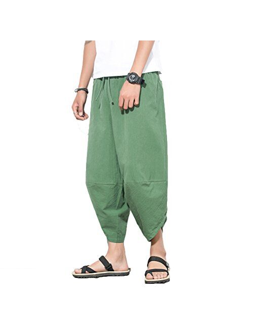 INVACHI Mens Casual Elastic Waist Linen Capri Wide Leg Baggy Harem Pants Trousers