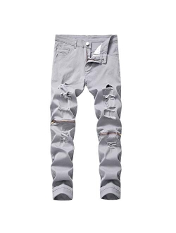 Men Jeans Daoroka Men's Ripped Slim Fit Straight Zipper Denim Pants Vintage Style Motorcycle with Broken Holes