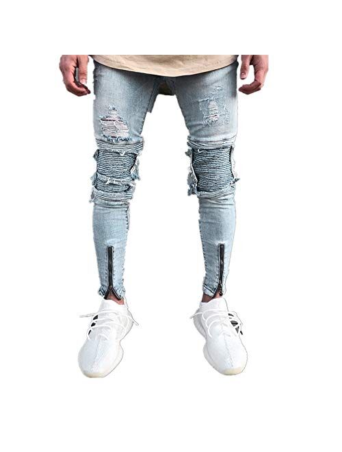 Men Jeans Daoroka Men's Ripped Slim Fit Straight Zipper Denim Pants Vintage Style Motorcycle with Broken Holes