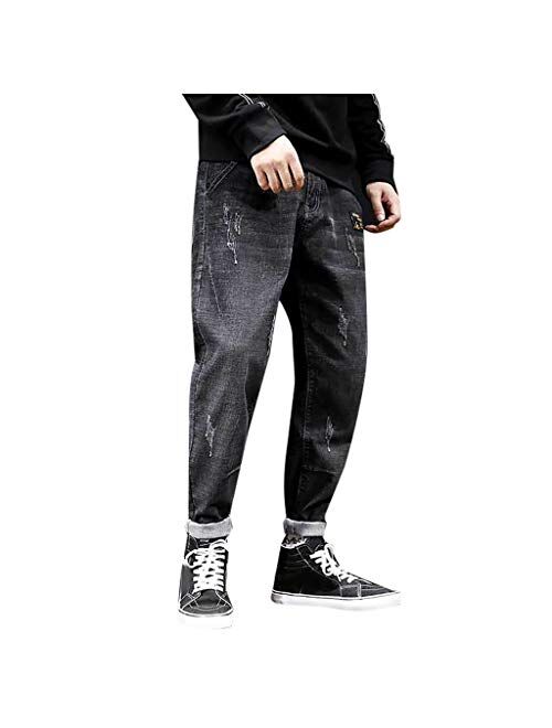 Men Jeans Daoroka Men's Ripped Slim Fit Straight Zipper Denim Pants Vintage Style Motorcycle with Broken Holes