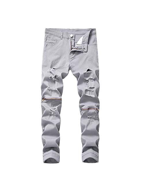 Men Jeans Daoroka Men's Ripped Slim Fit Straight Zipper Denim Pants Vintage Style Motorcycle with Broken Holes