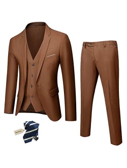 YND Men's Slim Fit 3 Piece Suit, One Button Solid Jacket Vest Pants Set with Tie