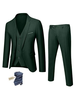 YND Men's Slim Fit 3 Piece Suit, One Button Solid Jacket Vest Pants Set with Tie